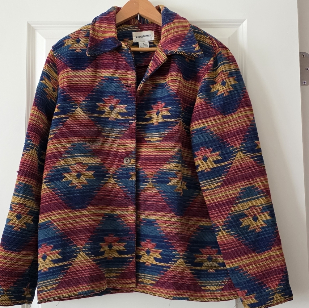 Vintage Western Aztec Woven Tapestry Jacket Womens 8 Alfred Dunner 90s Boho